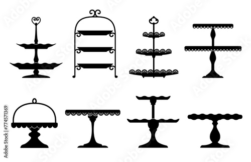 Wedding cake platter, stand tray silhouettes. Isolated vector elegant black tables set for displaying fruits or desserts during festive events and ceremonies. Monochrome serving items for food display photo