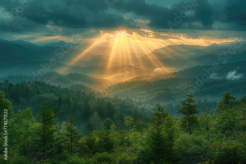 A beautiful landscape photo of the Great Smoky Mountains in South Carolina, with rays of sunlight piercing through dark storm clouds over dense green forest. Created with Ai