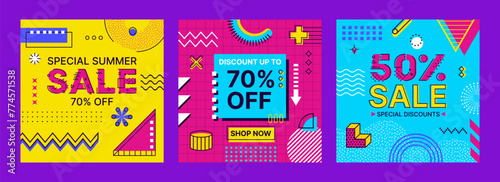 Summer sale banners, abstract Memphis geometric shapes pattern. Vector square promo cards in yellow, blue and pink colors announcing discount summertime deals, shop retail advertising templates