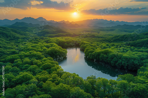 Aerial view of the sunset over Rongkun Lake in Xinghua Forest, featuring dense green forests and mountains in southern China. Created with Ai photo