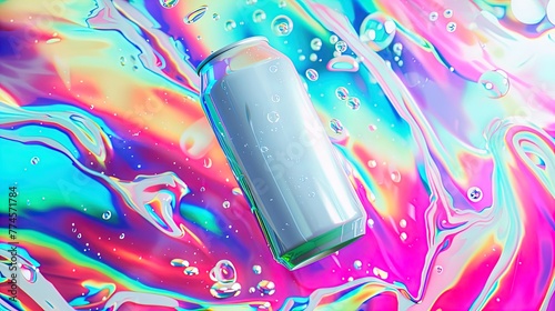 Dive into a Psychedelic Splash: Soda Can Meets Surreal Hues and Bubbles.