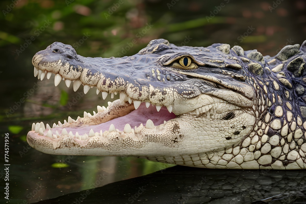 Fototapeta premium Crocodile head with toothy mouth and yellow eyes, close up