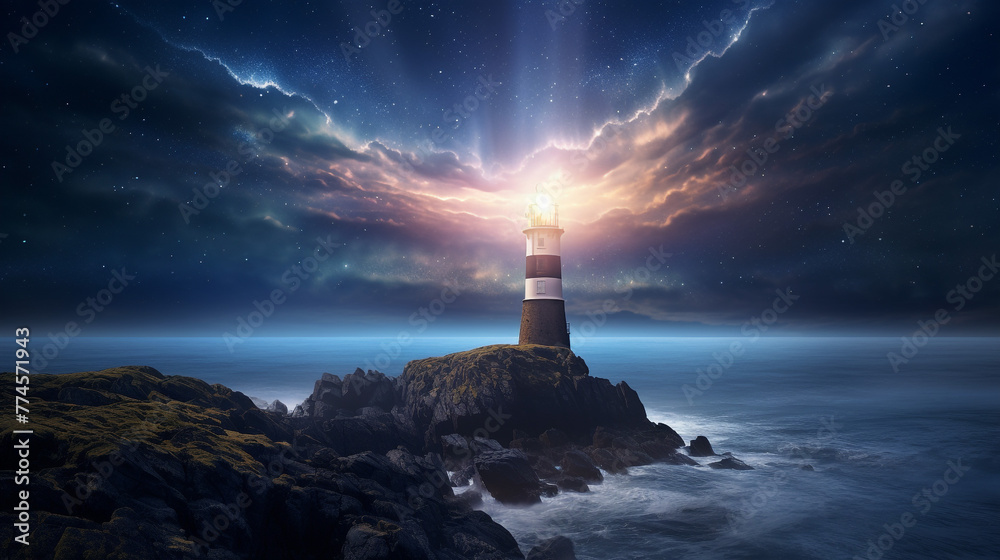 Cosmic Lighthouse with light star a breathtaking astrophotography image