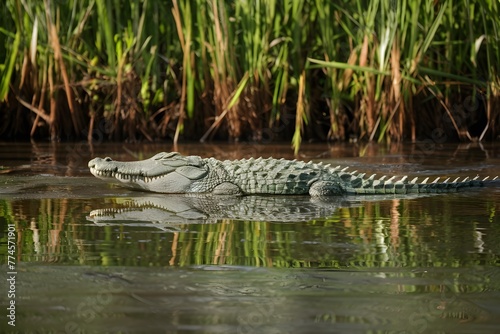 Crocodile floating on river  wildlife reptile in natural habitat