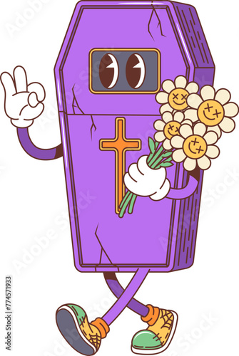 Cartoon retro groovy Halloween coffin or casket character. Isolated vector funny purple wooden retro hearse or shell death personage carrying daisy flowers bouquet ready for party night celebration