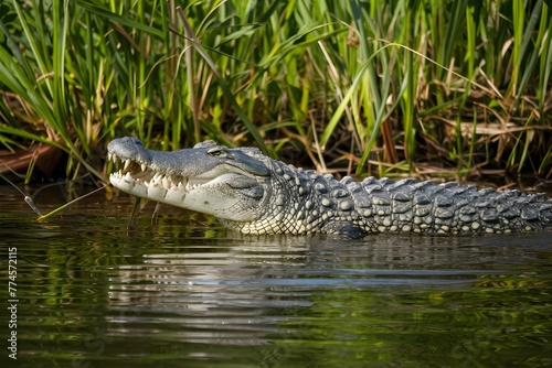 Crocodile in river  natural habitat  reptile in water