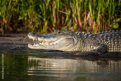 Crocodile near water, wildlife close up, riverbank predator