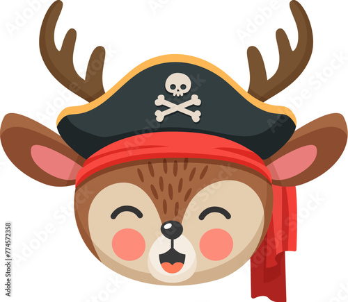 Cartoon cute deer animal pirate and corsair. Isolated vector kawaii woodland reindeer sailor and captain, skipper and boatswain character face. Adorable baby animal personage in cocked filibuster hat