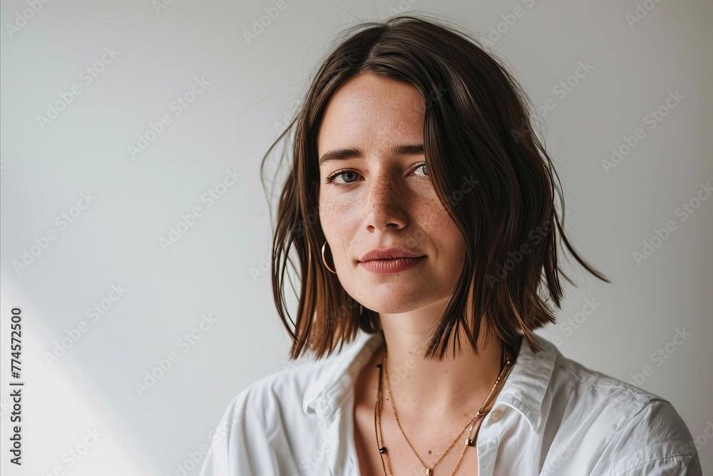 Portrait of a beautiful young woman with long hair in a white shirt. Portrait of a beautiful young woman with long hair in a white shirt.