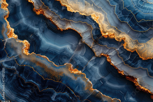 Beautiful abstract blue and gold marble background with intricate patterns of fluid lines, resembling the texture of flowing water in an enchanting stream. Created with Ai
