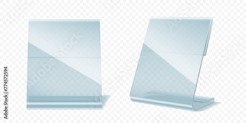 Table display stand, plastic or plexiglass holder for paper, price, card or menu isolated 3d vector mockup. Transparent acrylic accessories to showcase information during events or in the restaurant