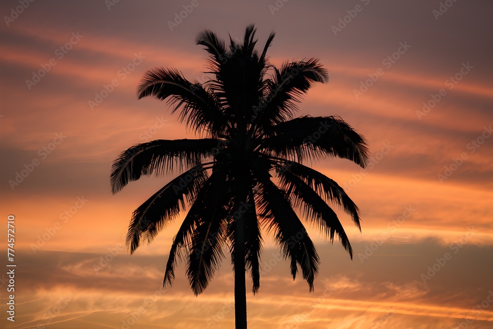 Digital Silhouette of palm tree against orange sunset sky, tropical scene