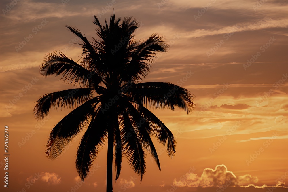 Digital Silhouette of palm tree against orange sunset sky, tropical scene