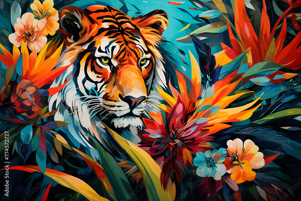 Animals, wildlife concept, modern art concept. Abstract painting of tiger hiding in colorful jungle. Close-up animal portrait
