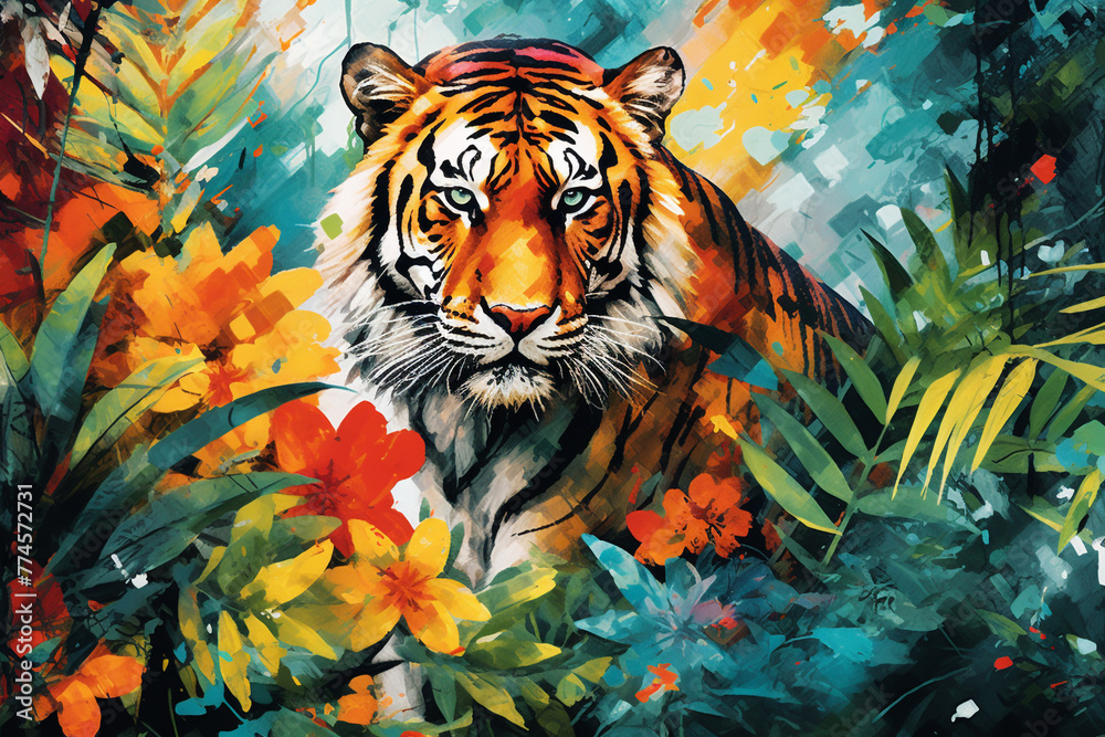 Animals, wildlife concept, modern art concept. Abstract painting of tiger hiding in colorful jungle. Close-up animal portrait