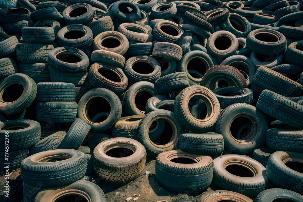 Dirty tires piled on floor, used automobile tyres in landfill Dirty tires piled on floor, used automobile tyres in landfill