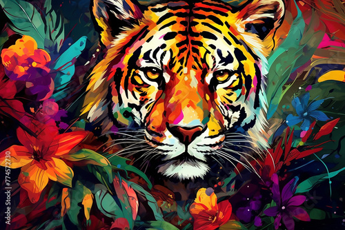 Animals  wildlife concept  modern art concept. Abstract painting of tiger hiding in colorful jungle. Close-up animal portrait