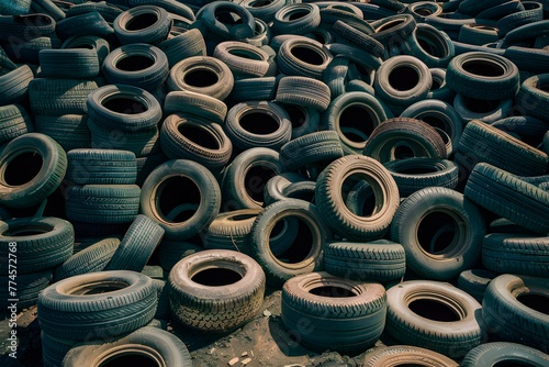 Dirty tires piled on floor, used automobile tyres in landfill