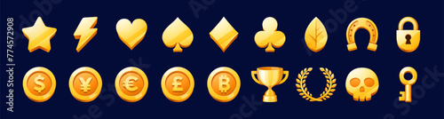 Golden icons game asset. Vector set of gold star, lightning bolt, heart, diamond, club and spade card suits. Lucky horseshoe, padlock and currency coins of dollar, yen, euro, pound and bitcoin or cup © Buch&Bee
