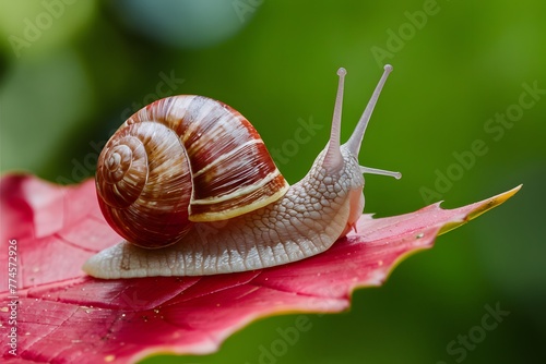 Display Snail crawling on a red leaf, garden wildlife close up