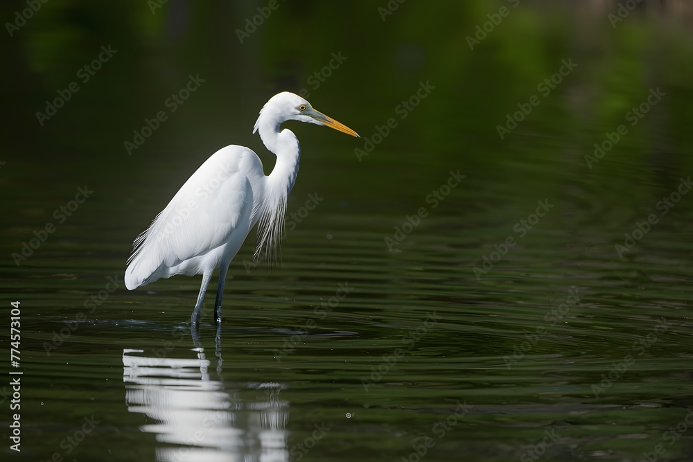 Egret standing calmly, poised for fishing, tranquil nature scene Egret standing calmly, poised for fishing, tranquil nature scene