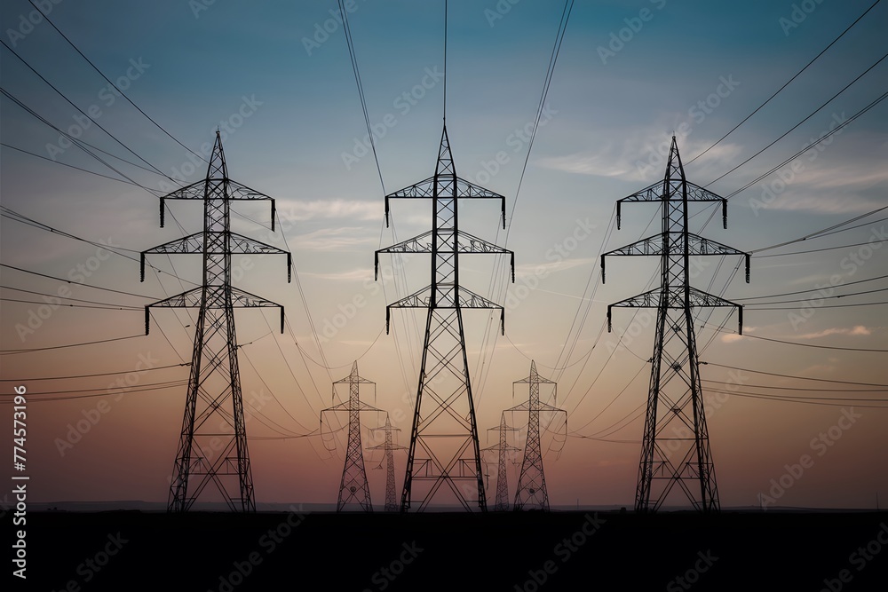 Electricity energy line towers, silhouette against sky, power infrastructure