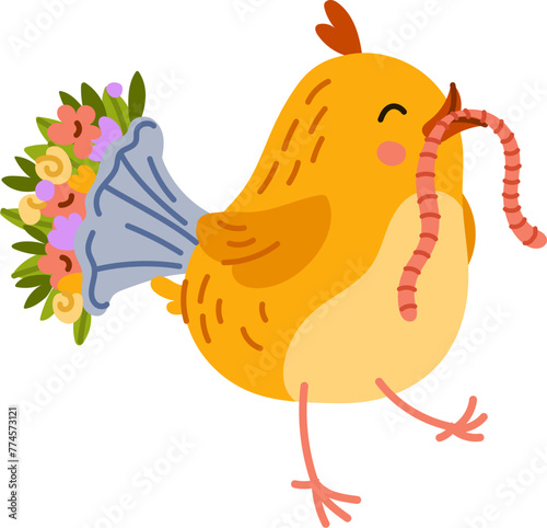 Adorable cartoon chick character joyfully carries a plump worm and flower bouquet, fluttering with excitement. Isolated vector charming little rooster bird prepare holiday gift in a gesture of love