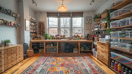 Bright craft room with organized supplies and a large worktable8K