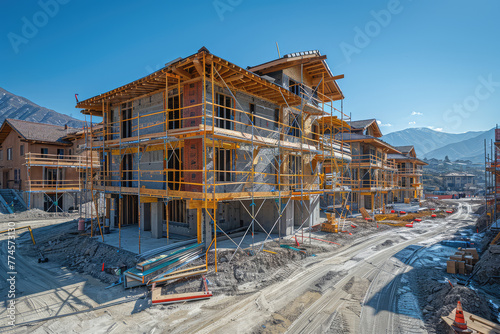 Photo of new wooden building in the Swiss Alps, showing different stages from laying bricks to finished exterior. Created with Ai