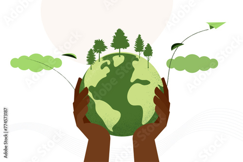 Human hands holding Earth globe. Earth Day, World Environment Day concept. Sustainable ecology and environment conservation concept design. Vector illustration.