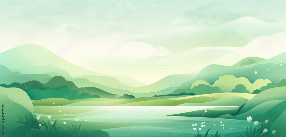 Watercolours andscape with green color silhouettes of mountains, hills and forest and clouds in the sky - vector illustration