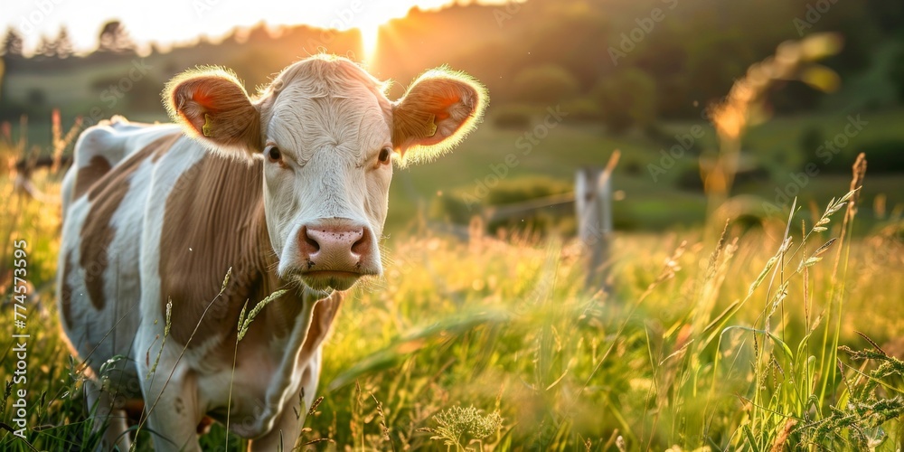 A brown and white cow standing confidently on a vibrant green field