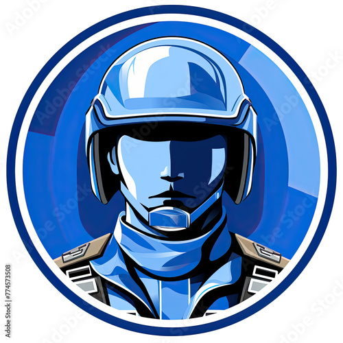 A logo of a soldier with a blue face