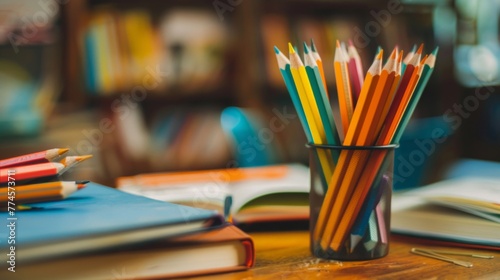 A glass filled with pencils sitting on a wooden table