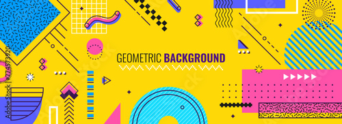Abstract Memphis background, modern geometric banner. Vector template with retro minimal geometry shapes, patterns, forms, lines in vibrant colors for exhibit art, magazine, journal, album designs