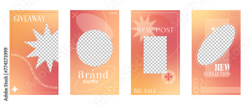 Social media post templates with y2k aesthetic frames. Vector vertical backgrounds or story post promotional banners, advertising or blog with geometric empty borders and red, orange, yellow gradients