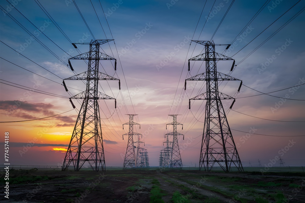 Frame High voltage electric towers at sunset, industrial landscape scene