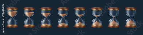 Hourglass and sandglass sprite animation sheet. Realistic 3d vector glass clock with falling sand, time sequence frame for game, application timer, loading process, gui interface design element