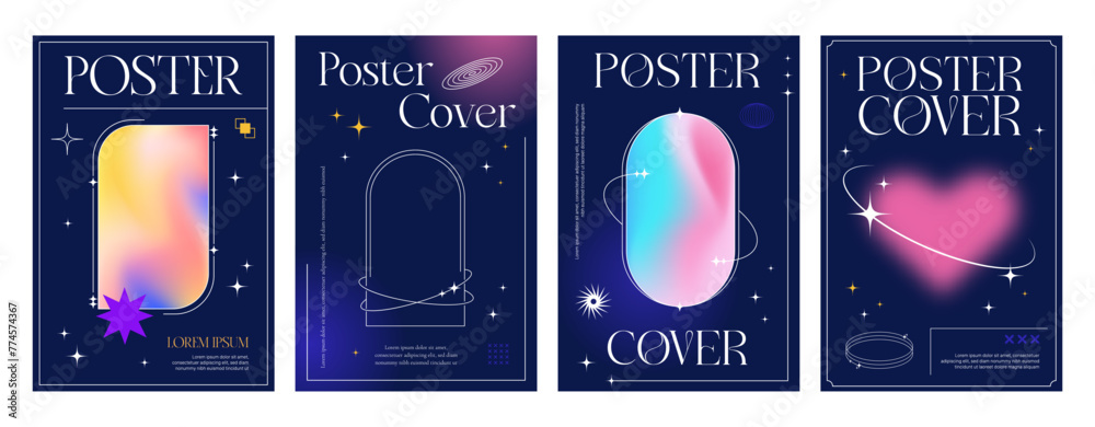 Y2k gradient brutal posters or cover templates. Vector vertical backgrounds with neon glowing geometric shapes, heart and arched frames in retro-futuristic style. Social media stories promo banners