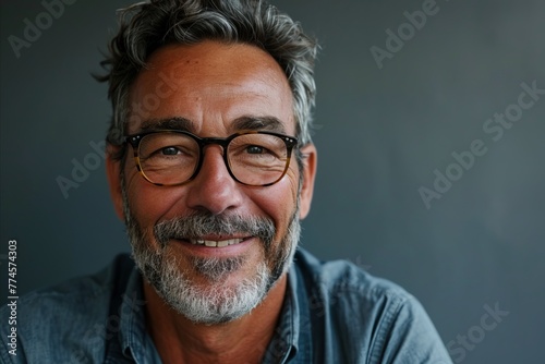 Portrait of a handsome senior man with eyeglasses against grey background