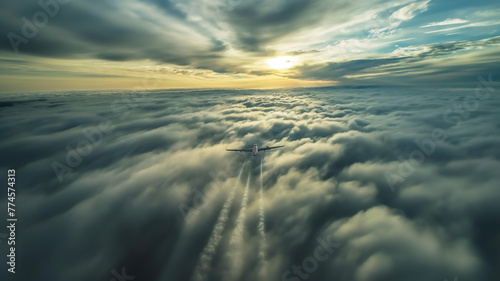 Airplane flying above the clouds during sunrise, aerial view.
