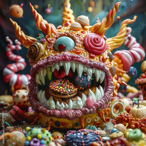 A fantastical creature engulfs junk food items, each bite more enthusiastic than the last ,close up © Expert Mind