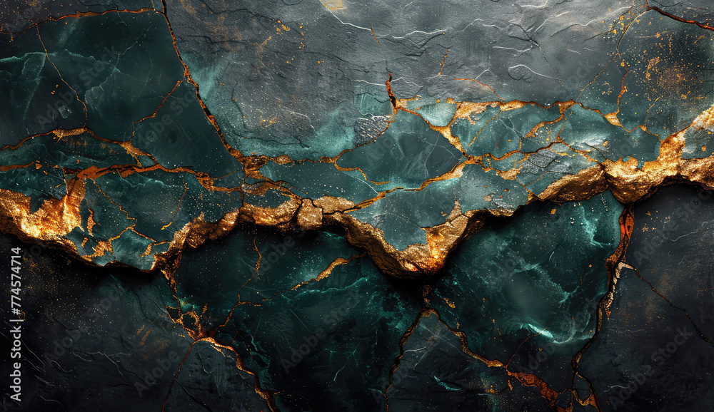 A dark teal and black marble background with golden veins, creating an elegant contrast between the cool tones of blue green and warm hues of gold. Created with Ai - obrazy, fototapety, plakaty 