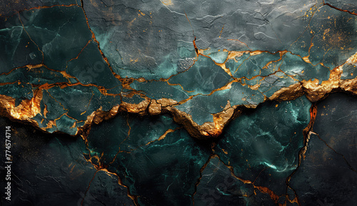 A dark teal and black marble background with golden veins, creating an elegant contrast between the cool tones of blue green and warm hues of gold. Created with Ai