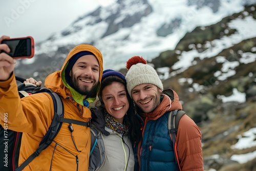 happy people in the mountains taking selfies. generative AI