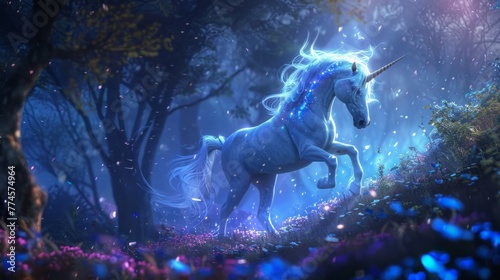 A captivating fantasy illustration of a mythical creature, A Unicorn against aesthetic magical scenery © Thipphaphone