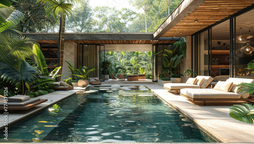 Modern house in the jungle with pool and sunbeds, interior design. Created with Ai © Digital Canvas