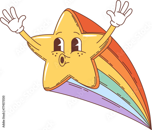 Cartoon groovy star character. Isolated cute vector falling toon comet personage with a whistle lips and sparkling colorful trail, spreading joy across the night sky. Yellow funky shooting twinkle