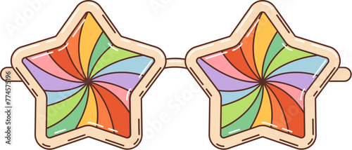 Retro groovy eyewear sunglasses feature star-shaped frames, psychedelic swirling colors, and rainbow colored hypnotic lenses Vector eyeglasses capturing the essence of 60s and 70s with a modern twist