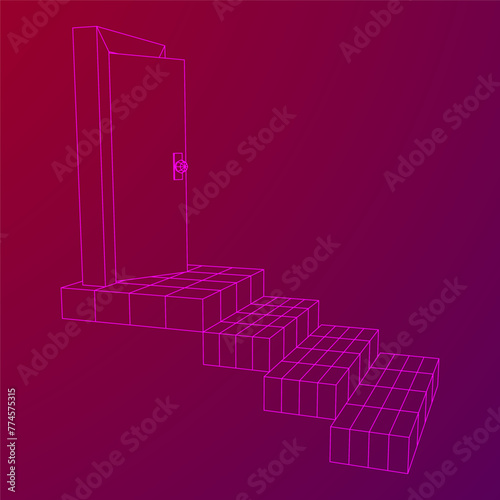 Stairway path to open door. Steps leading into the future concept. Wireframe low poly mesh vector illustration